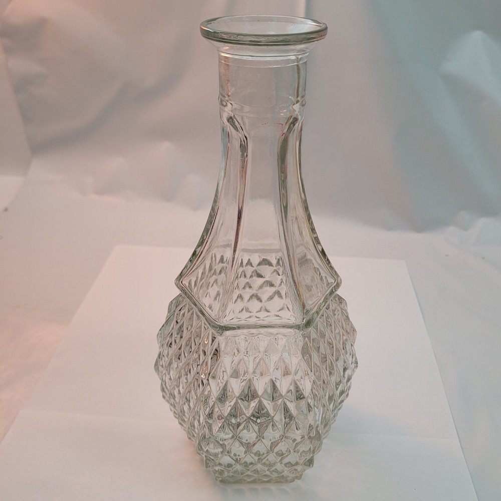 Vintage Glass Decanter Vase Diamond Point Clear Hexagonal Base 9.5 Inch Carafe